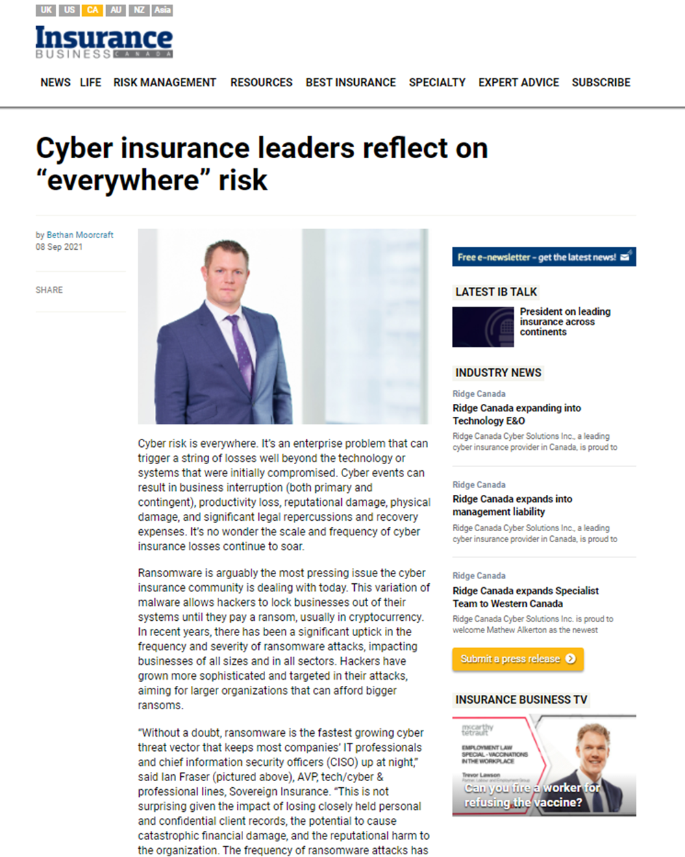 Une capture d'écran de l'article "Cyber insurance leaders reflect on 'everywhere' risk" en anglais